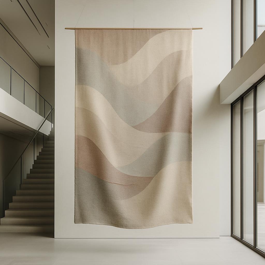 A large woven tapestry hangs in a white room. The tapestry features alternating cream, beige, and light pinkish-grey wavy ...
