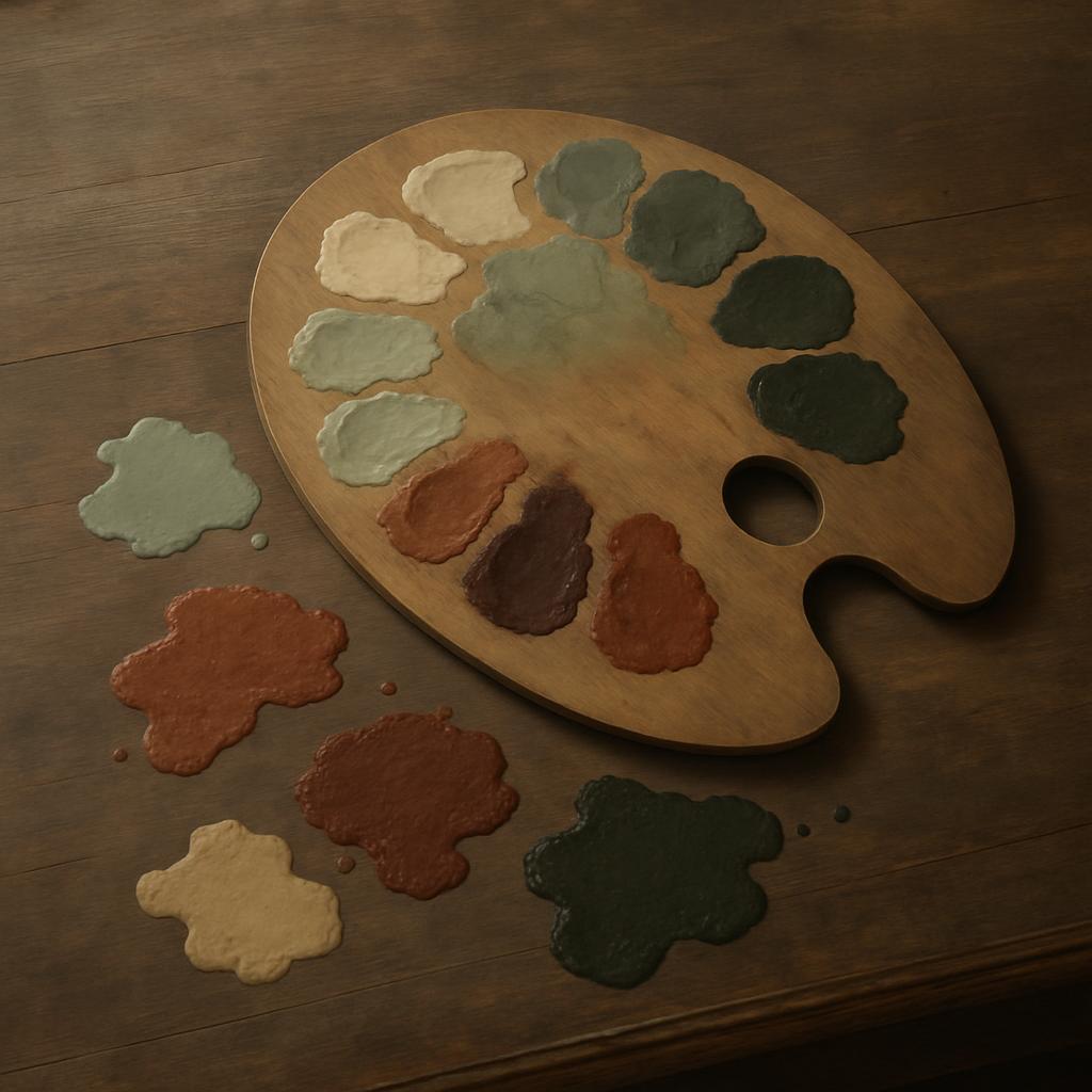 Une palette de peintre sur une table de bois avec des traces de peintures au bas de la palette et sur la table.